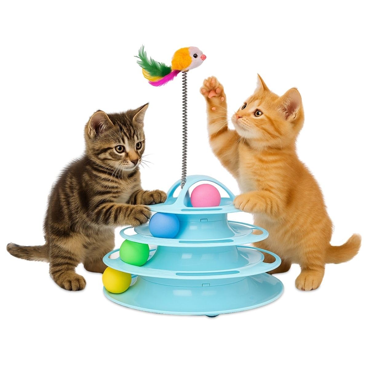 Mobiclinic®Pets, Juguete para Gatos, Interactivo, Catplay, Estimulación sensorial, 4 Niveles, Pelotas, Fácil de Montar, 12x24x16.5cm Torre interactiva Gato, Antideslizante, Diseño Atractivo