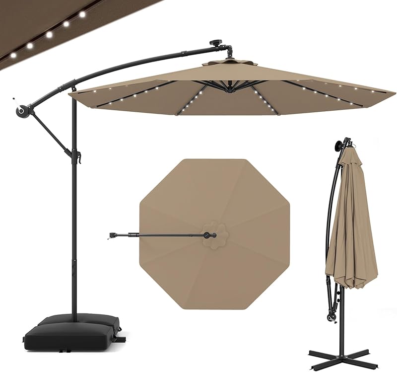 GOPLUS Parasol de Jardin Extérieur avec Pied, Parasol Déporté 3x3M, avec 40 Lampes Solaires, Toile I