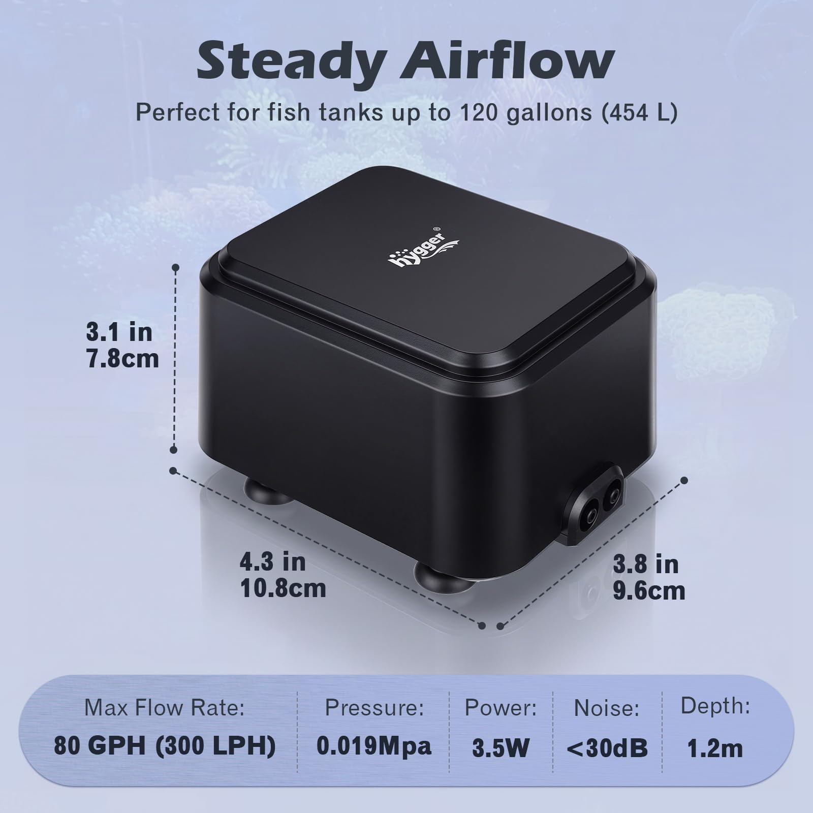 hygger Bomba de aire silenciosa para acuarios <30 dB, de oxígeno de bajo ruido ajustable para acuarios con 2 salidas de aire de ventilación silenciosa (3.5 Vatios, hasta 454 L)