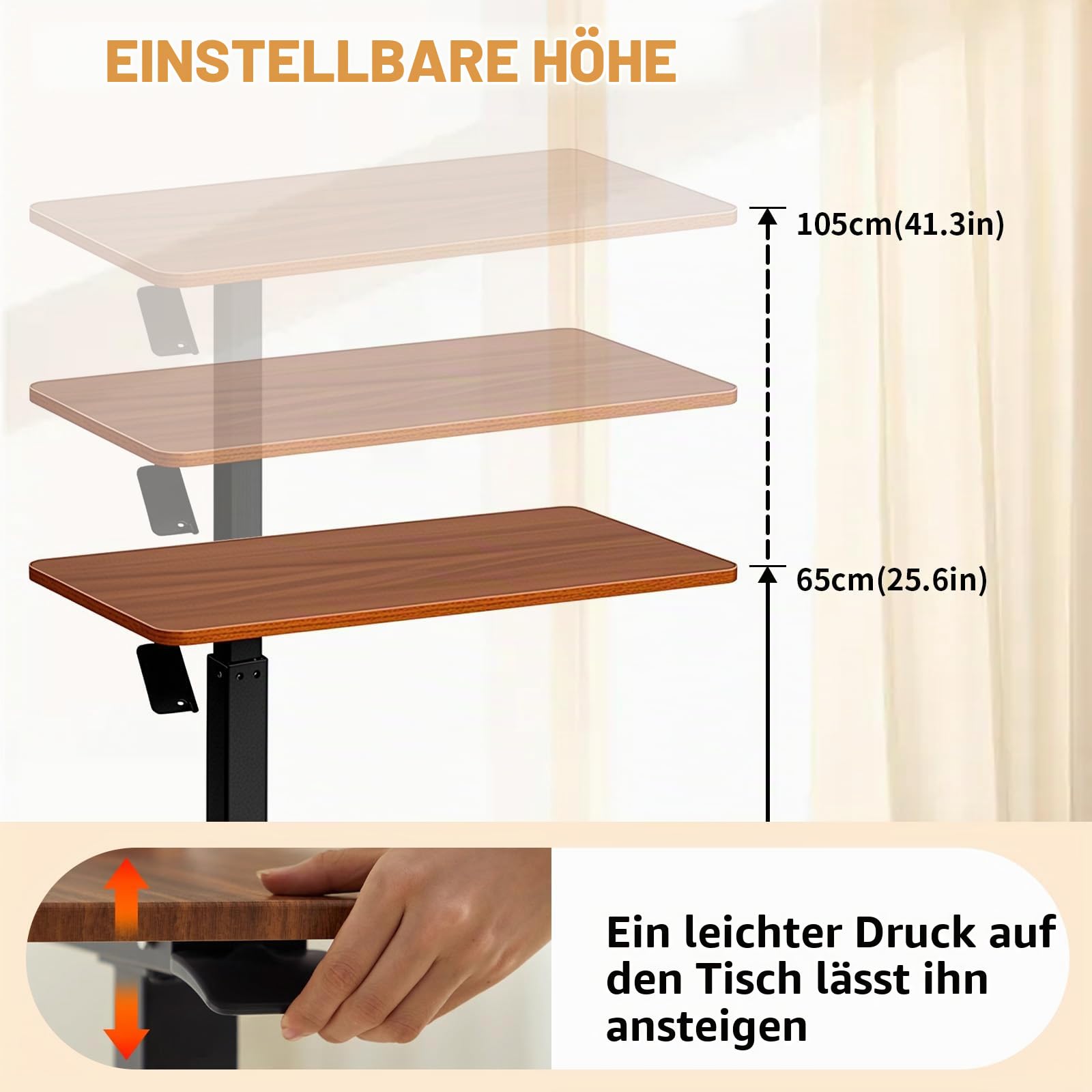 Stehpult Höhenverstellbarer Stehtisch mit 4 Rollen - Mobiler Stufenlos Höhenverstellbarer Beistelltisch, Verstellbarer Pneumatischer Betttisch für Couch, Bett, Kinderzimmer Krankenhaus und Homeoffice