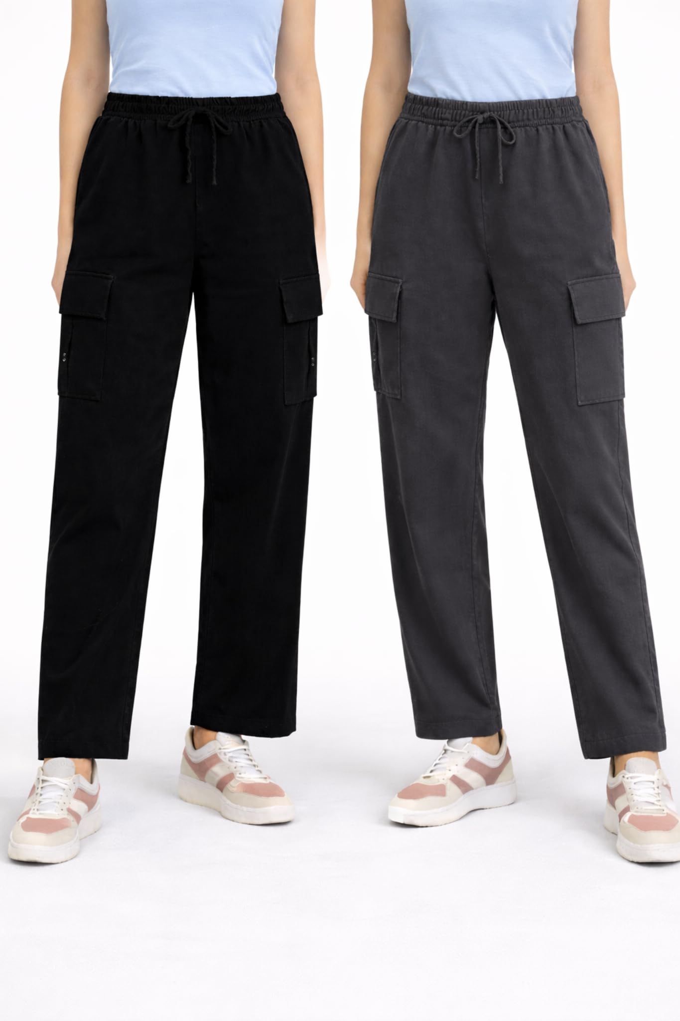 Women’s Cargo Pants Pack of 2 | Office Wear & Casual Cargo Trousers | Regular Fit with Drawstring Waist | Side Pocket Cargo Pants-picture-10