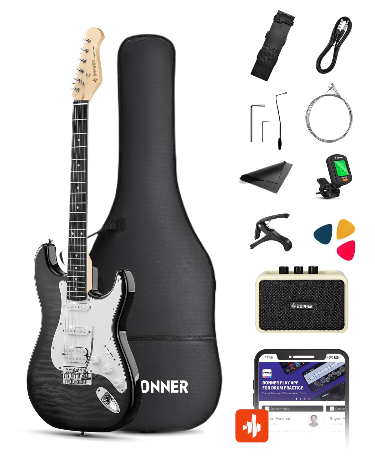 Donner DST-90 Guitare Électrique 39 Pouces, Kit Débutant Guitare Électrique avec Amplificateur, Micros HSS, Housse, Accordeur, Capodastre, Sangle, Cordes, Câble et Médiators, Black Burst