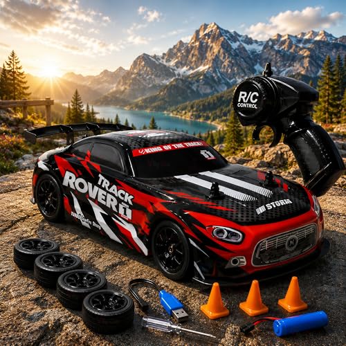 Image of VikriDA High Speed Remote Control Racing Car, Red RC Rapid Drift | 5 Channel, Rechargeable, Simulation Mist Spray, Light