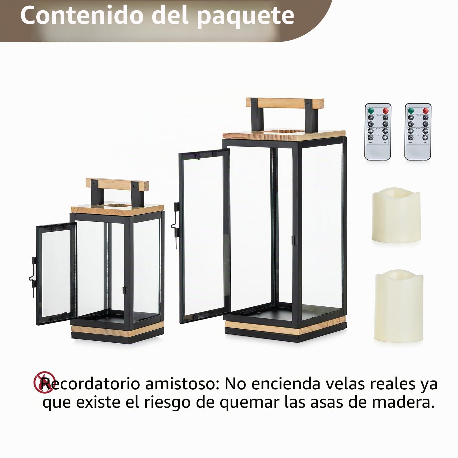 NUPTIO Juego Faroles Madera Velas: 34cm 23.5cm Alta LED Pilar Vela Decorativa Linterna Colgante Sala de Estar Al Aire Libre de Interior de Piso de Navidad Candelabros Metal Chimenea con Temporizador