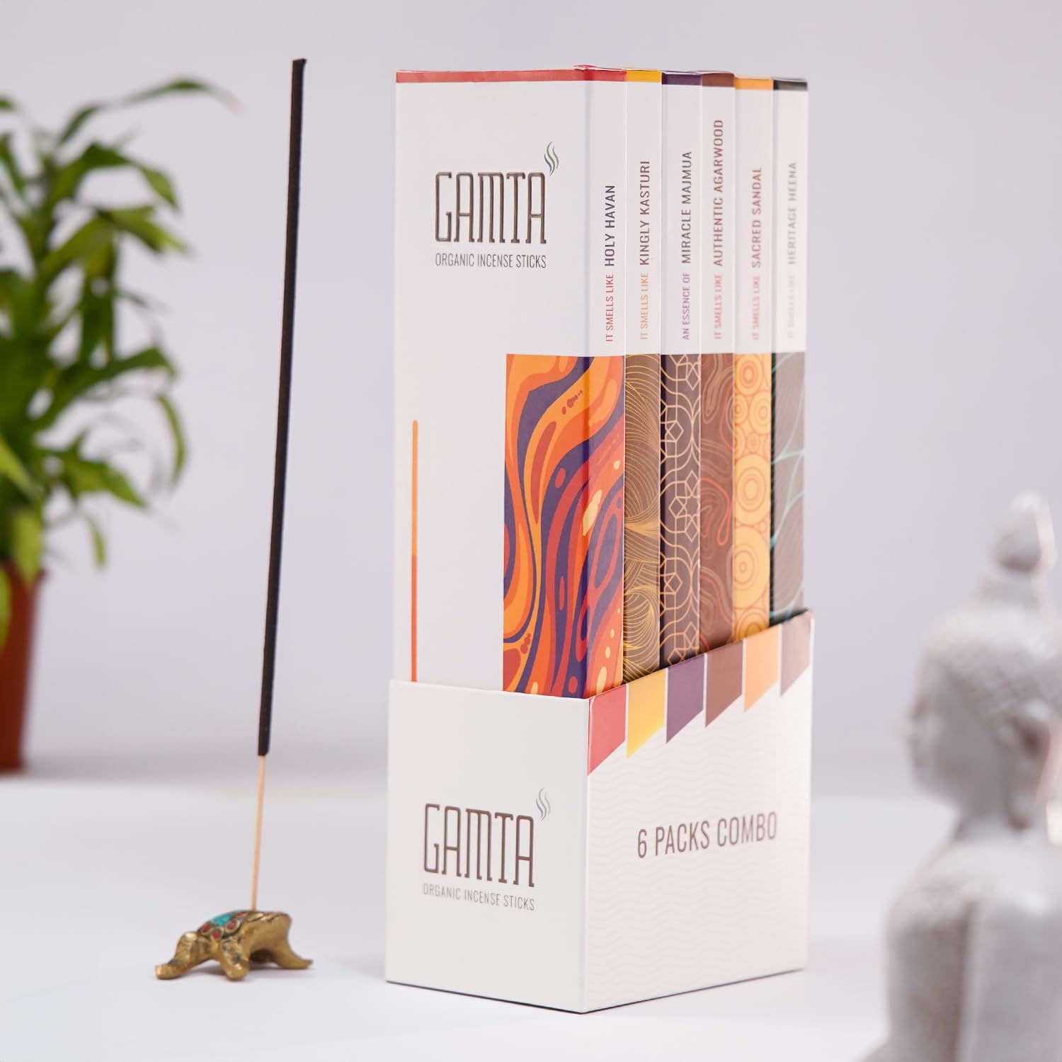 Gamta Organic Incense - Tranquil Essence Agarbatti for Pooja - Pack of 6 (Havan, Sandal, Majmua, Agarwood, Heena, Kasturi)-180 Incense Stick 24cm - Lasts 60 mins - Agarbatti Stick Made of Panchagavya (B09C8TVMFT) Amazon Price History, Amazon Price Tracker