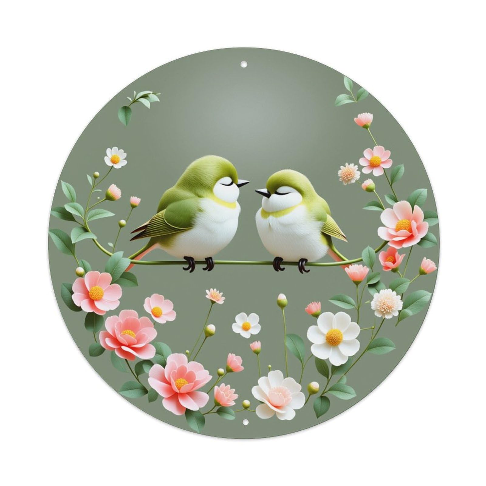 Birds Perched On Branch With Flowers And Leaves Round Vintage Tin Sign,Retro Wall Art,Metal Poster for Home, Bar, Garage, Cafe, Rustic Indoor & Outdoor Decor, 8x8 Inches
