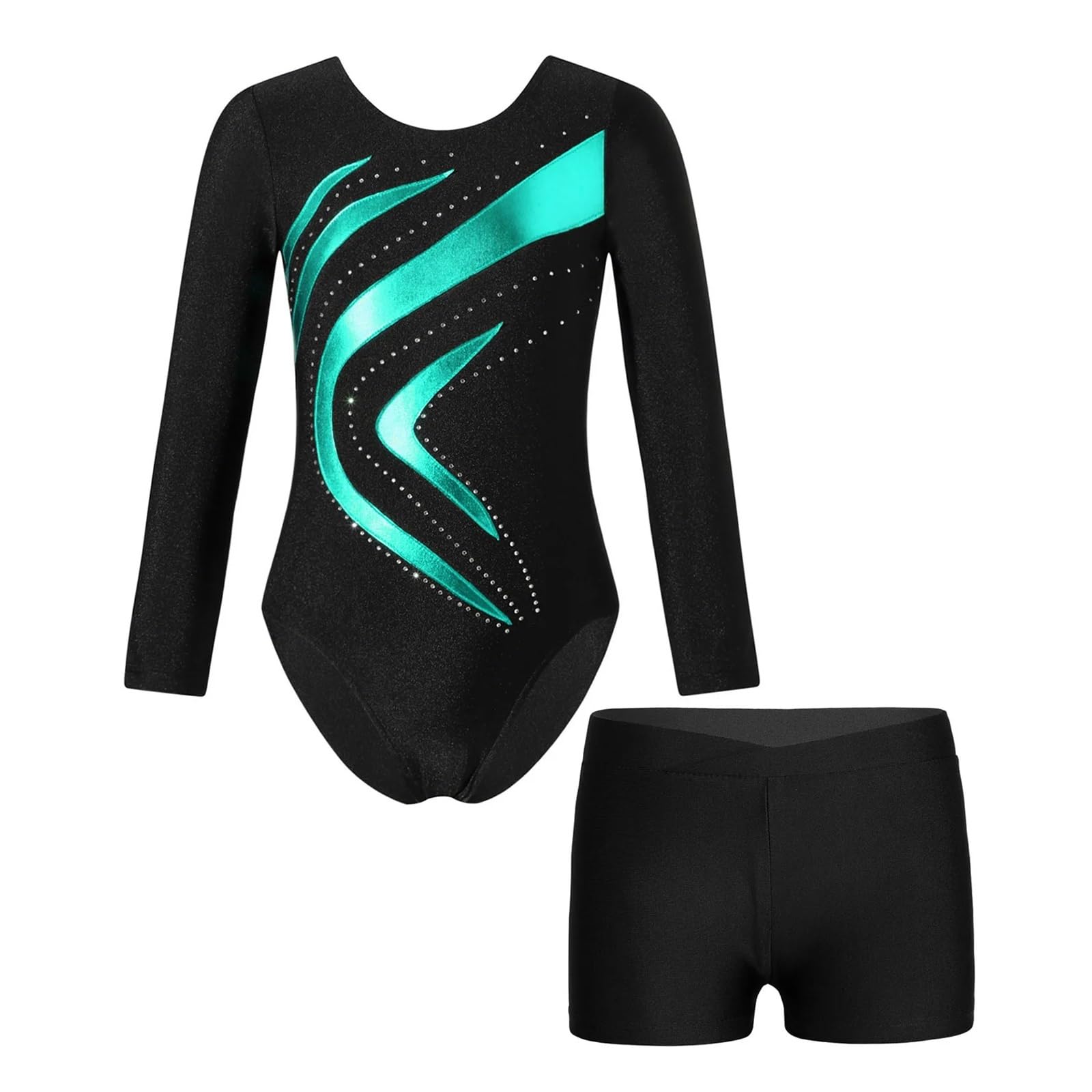 Maillot Gimnasia Ritmica niña Body de Leotardo de Gimnasia de retales for niños, Conjuntos de Ropa de Baile de Manga Larga, Traje de Ballet for niñas, Mono de Patinaje artístico(Blue Green,4)