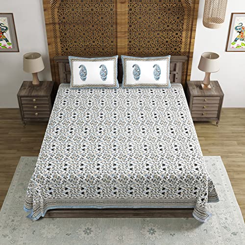 Image of BLOCKS OF INDIA Hand Block Printed 200 TC Cotton King Size Bedsheet (Grey Brown Jaal)