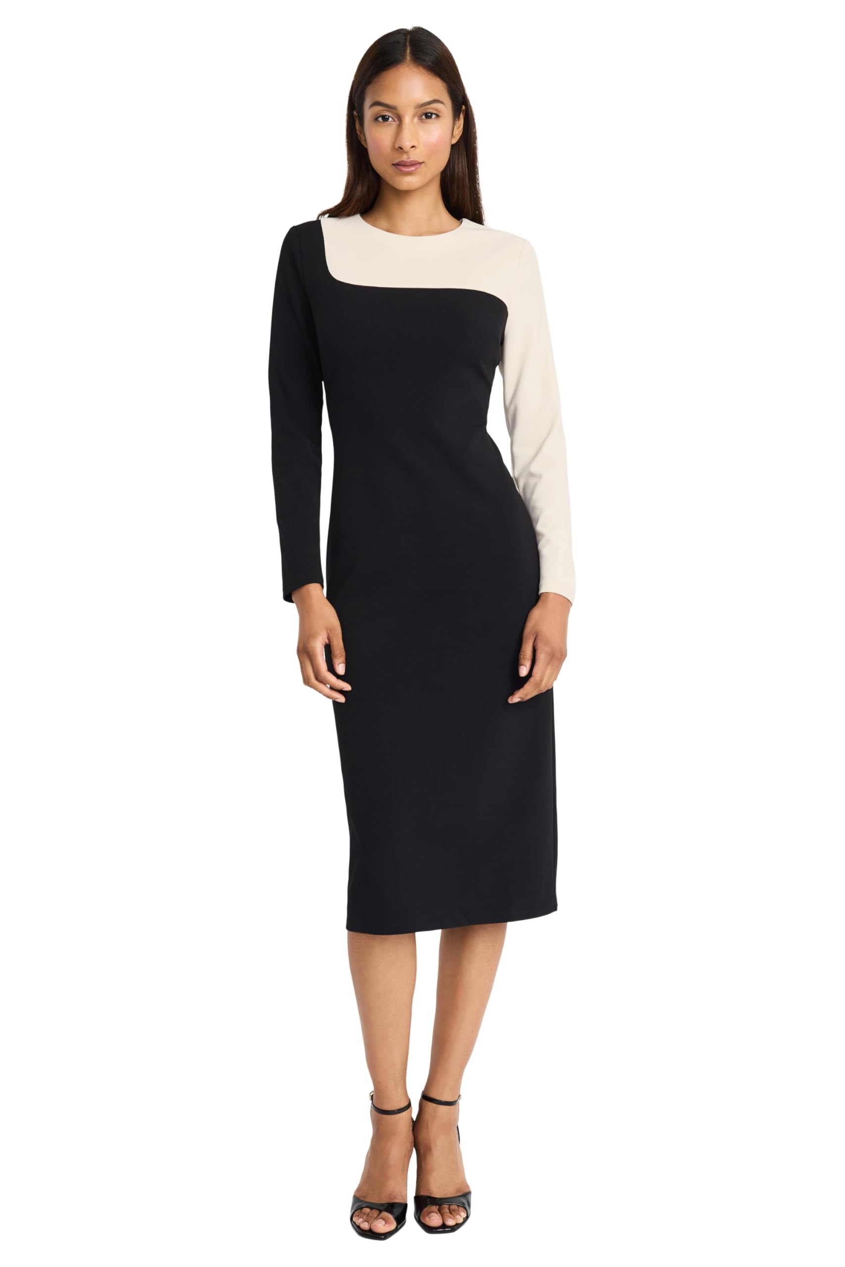 Donna Morgan Womens Asymmetrical Colorblock Midi - Long Sleeve Form-Fitting Silhouette - Versatile Occasion Dress