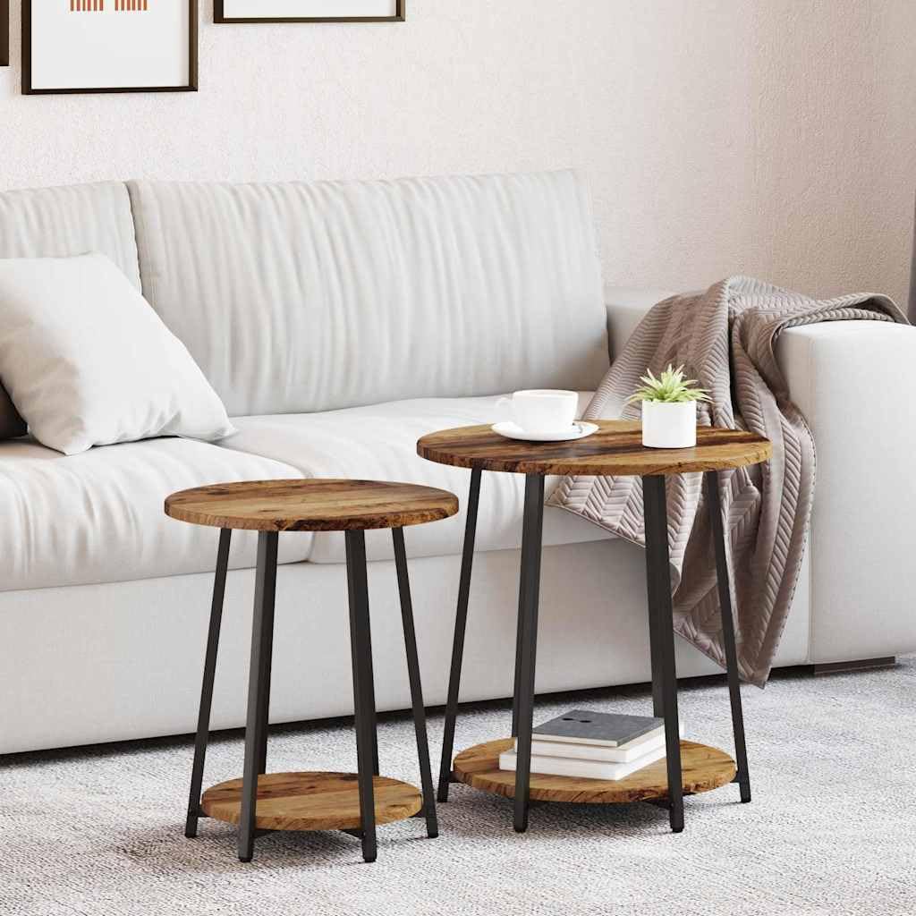 SXZenSpace Side Table Set of 2 Round Industrial Nesting End Tables Old Wood & Black 50 cm 40 for Living Room Bedroom Hallway
