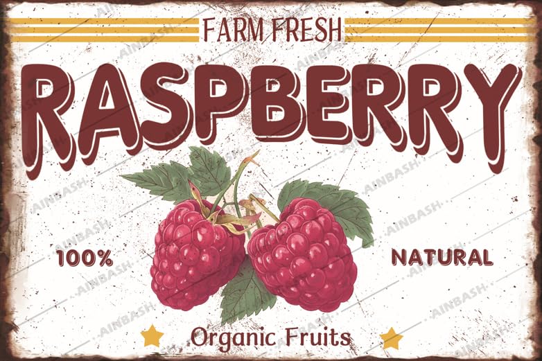Vintage Farm Fresh Raspberry Metal Tin Sign - 8x12 Inch Rustic Kitchen Decor For Home, Bar, Cafe, Garden