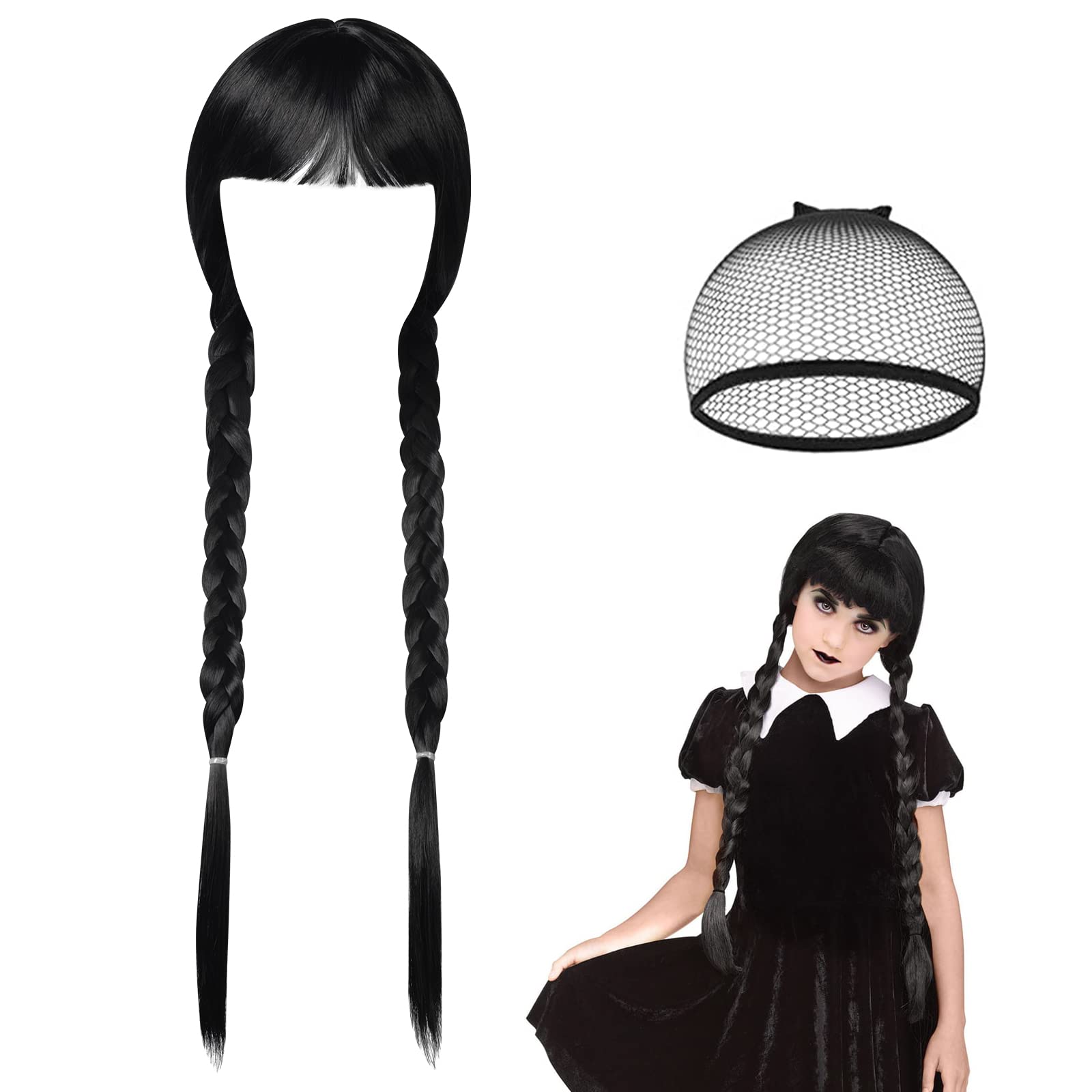 AOMIG Addams Wig, Black Plaited Wig for Women Girls, Long Braids Synthetic Wigs with Breathable Mesh Cap, Twin Pigtails Wig Addams Costume Wig for Cosplay Party Carnival Fancy Dress Accessories