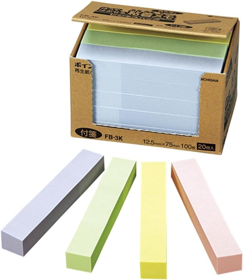 Nichiban FB-3K Sticky Notes, Point Memo, 0.5 x 3.0 inches (12.5 x 75 mm), Pack of 100 x 20, Mixed Colors