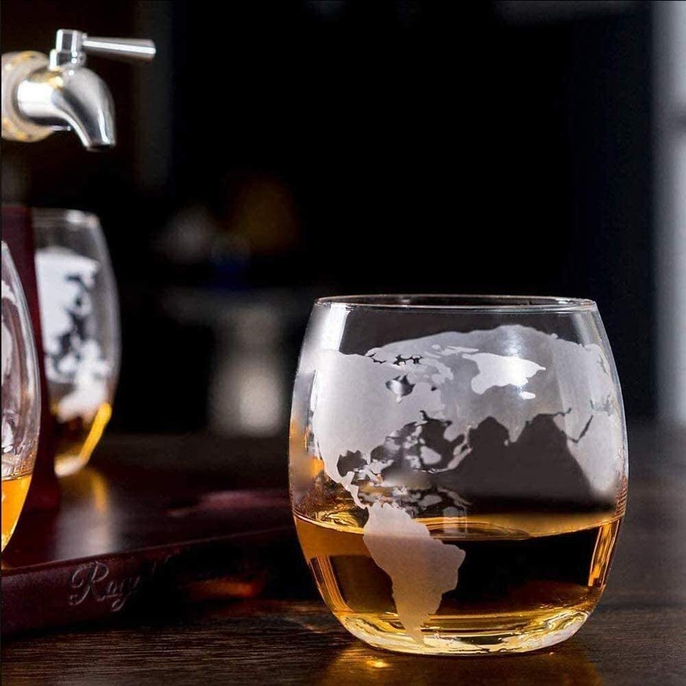Stojak na butelki stojak na wino, stojak na kieliszki do wina, zestaw 4 kulistych szklanek, dozownik do wina, whisky, karafki na likier (kolor: przezroczysty, pojemność: 1100 ml)