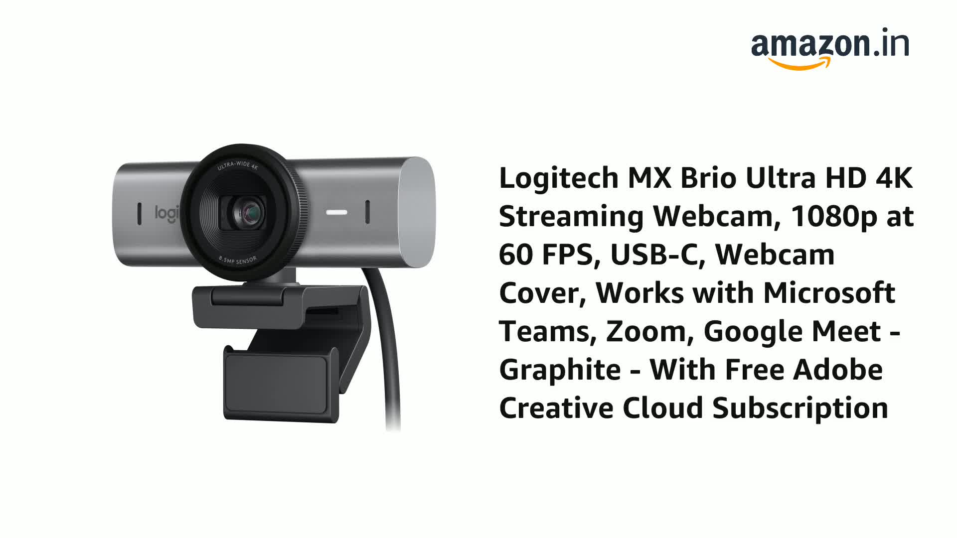 Logitech MX Brio Ultra HD 4K Streaming Webcam, 1080p at 60 FPS 