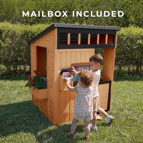 Backyard Discovery Caraway Cottage Cedar Wooden Kids Playhouse with Play Kitchen, Chalkboard, Mailbox, Half Door, Windows, Flower Box, Modern Farmhouse Design for Outdoor Imaginative Play - image 5