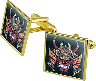 GRAPHICS & MORE Samurai Warrior Japanese Demon Oni Mask Square Cufflink Set Gold Color