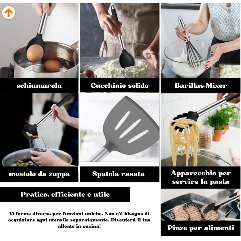 TINA&CO Set di utensili da cucina in silicone 15 pezzi con manico in acciaio inox, resistenti al calore, antiaderenti, spatole grandi, lavabili in lavastoviglie (rosso)