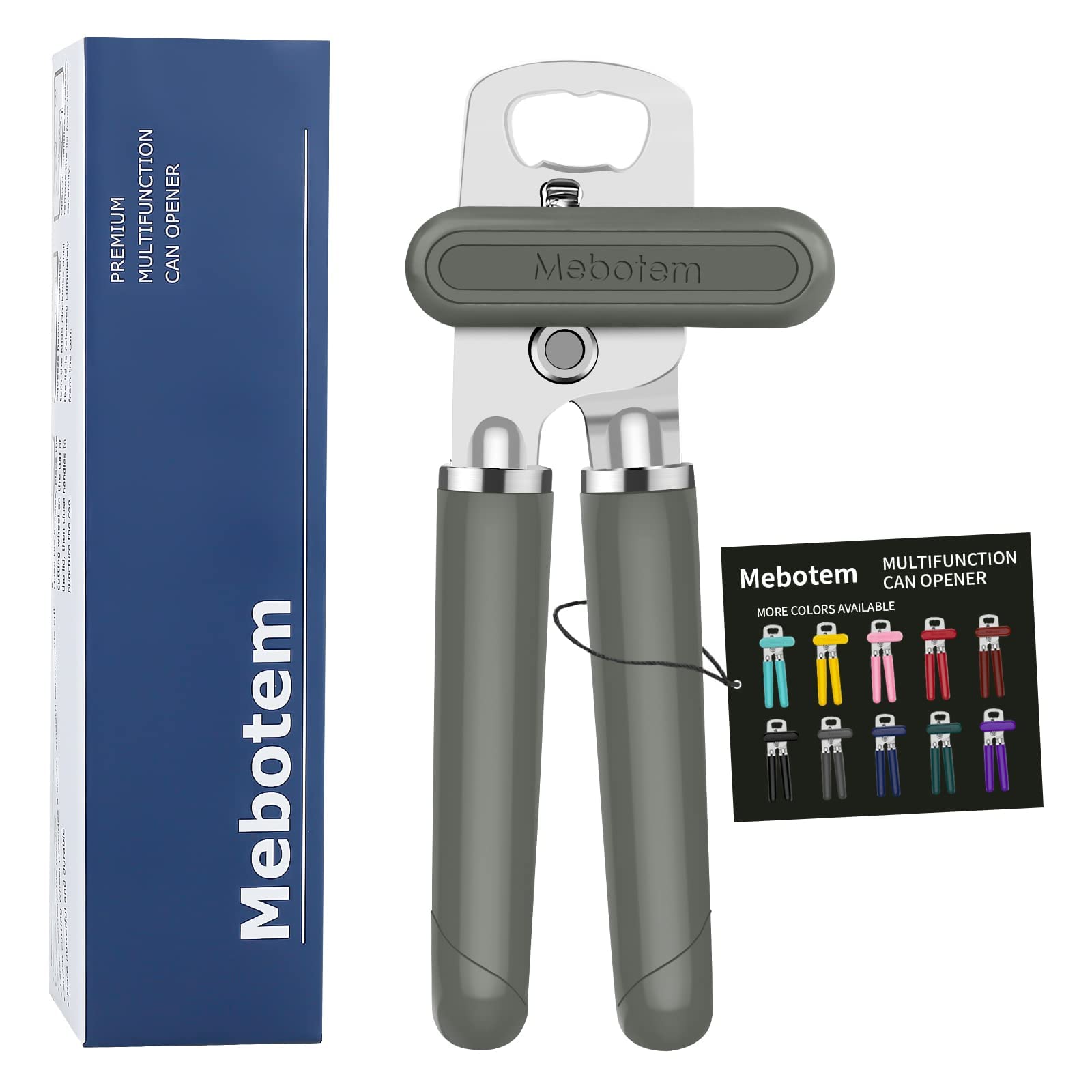 Mebotem Can Opener Manual Handheld Heavy Duty Hand Can Opener Smooth Edge, Comfortable Grip Safety Can Openers, Sharp Cutting Wheel, Oversized Easy Turn Knob, Built in Bottle Opener, Grey