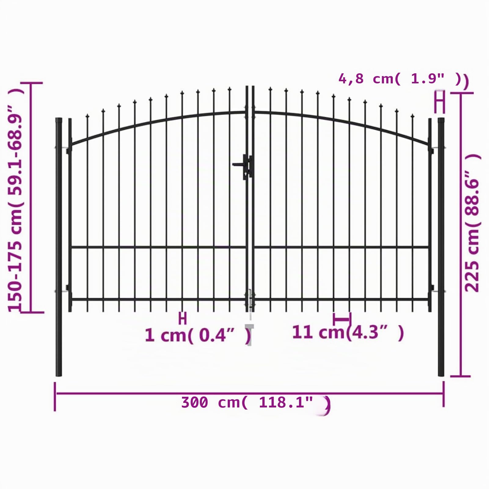 Cancello a Doppia Anta con Punte in Acciaio 3x1,75cm Nero, Cancello Giardino Esterno, Cancello Esterno, Cancelletto Giardino, Cancelletto Pedonale, Cancelli in Ferro