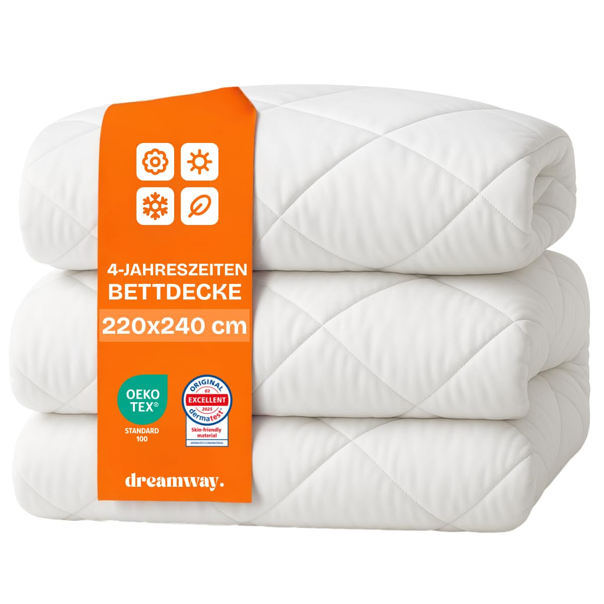 DREAMWAY Bettdecke 220x240 cm 4 Jahreszeiten – 2-teilige Steppdecke: 300gsm Ganzjahresdecke + 150gsm Sommerdecke – kombinierbar für Sommer, Winter & Übergang – Weiß