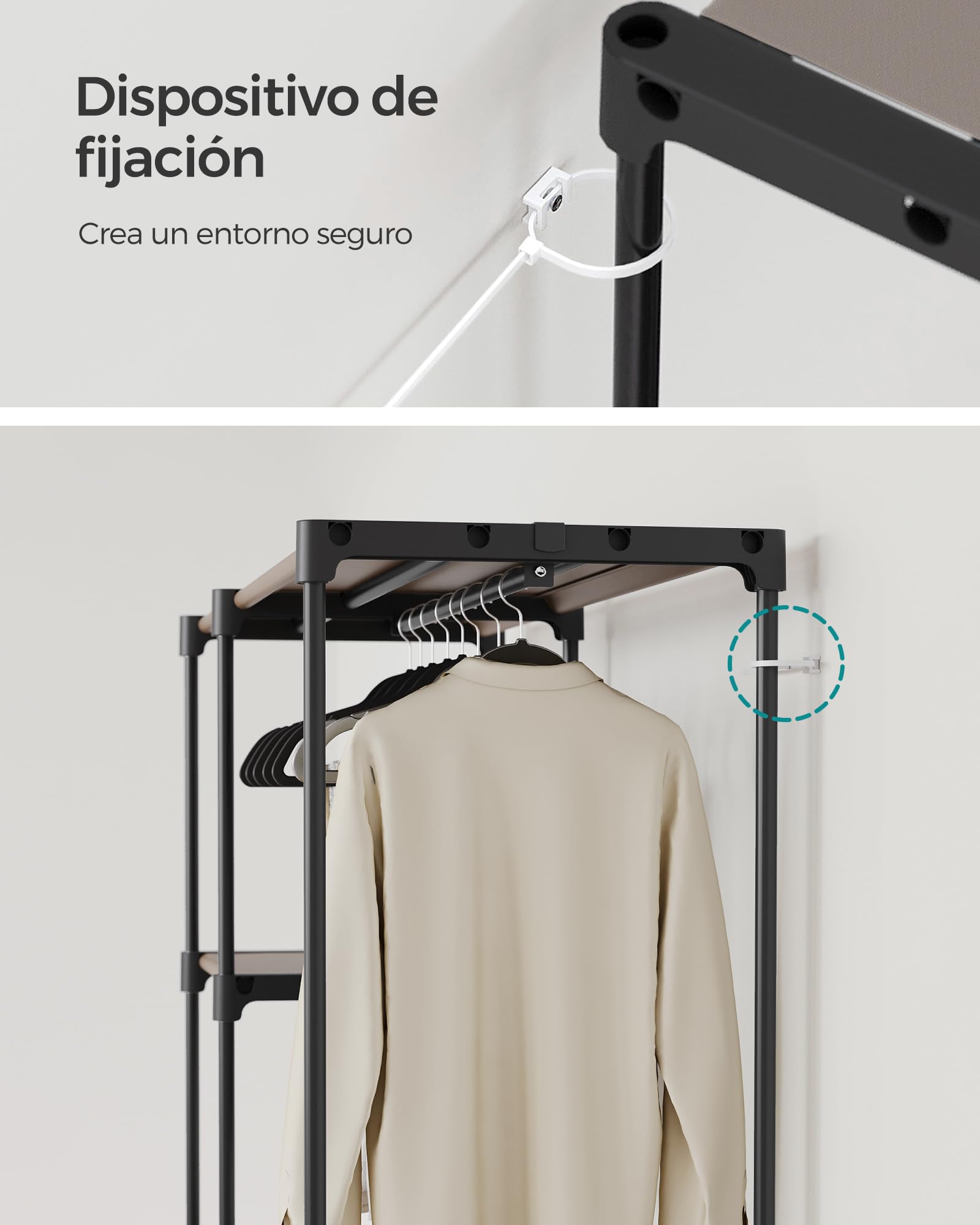 SONGMICS Armario de Ropa, Perchero, Burro Ropa, 124 x 43 x 182 cm, 2 Secciones para Colgar, con Compartimentos, Gran Capacidad, para Dormitorio, Salón, Lavandería, Topo RYG026R02