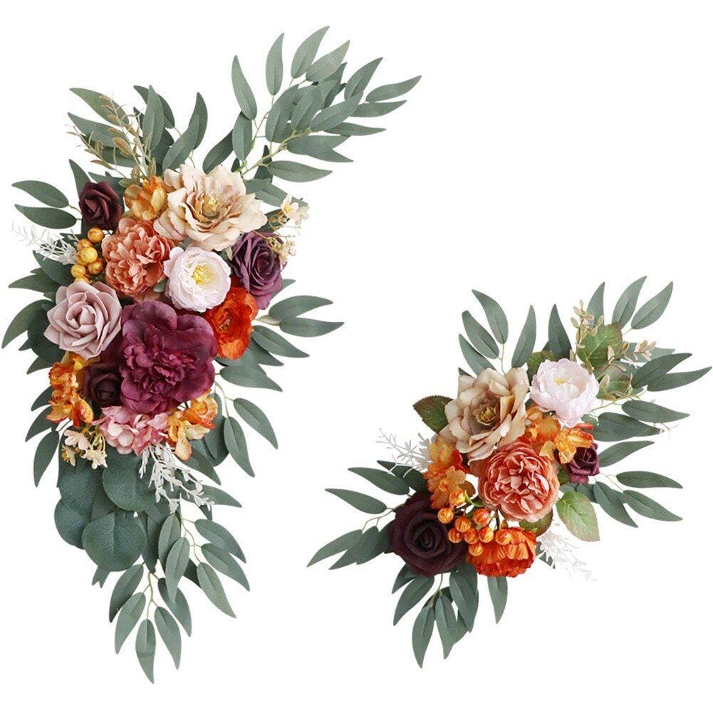 Kit de 2 fleurs artificielles de mariage de roses roses et eucalyptus pour arche