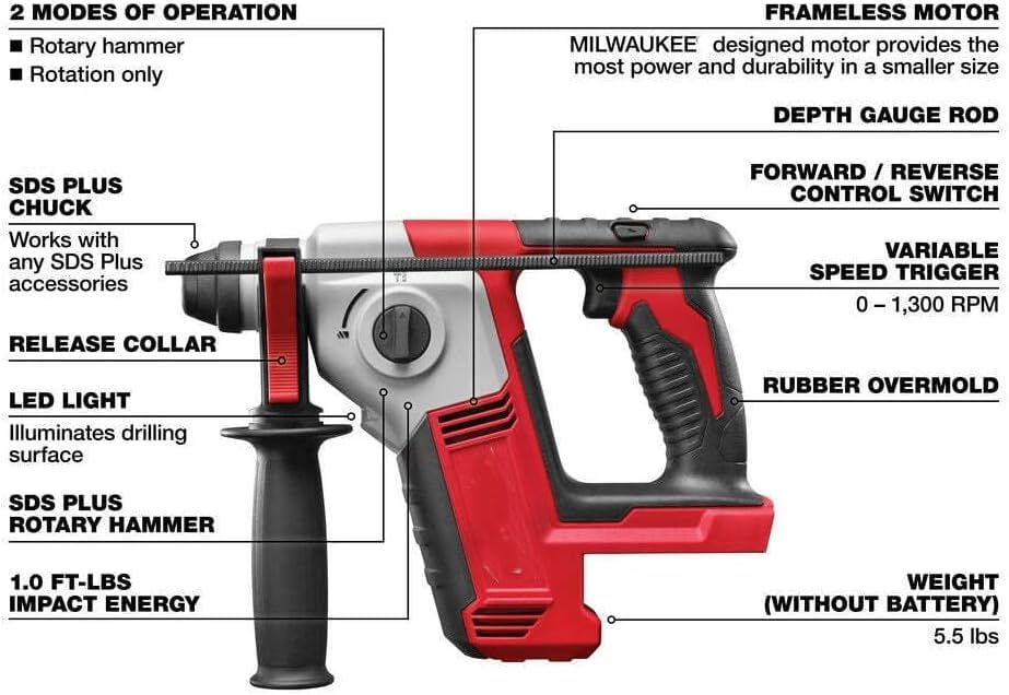 20V Rotary Hammer Compatible with Bauer 20V Brushless Cordless 1/2 in. SDS-PLUS Rotary Hammer (2144C-B) Compatible with Bosch, Dewalt, Milwaukee, and Hilti SDS-PLUS bits (Tool Only-No Battery)