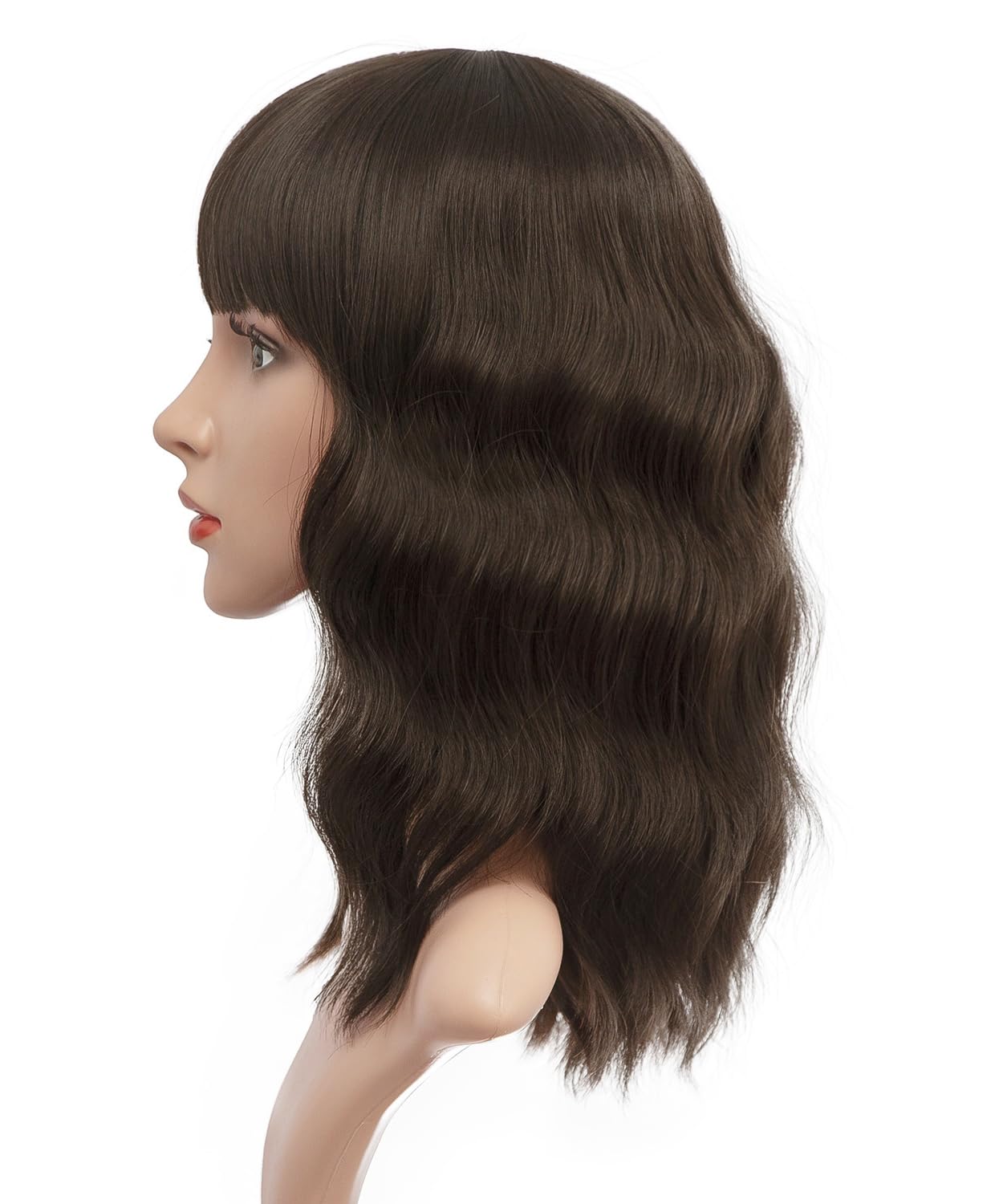 dark brown short wavy wig with bangs brown wigs for women 14inch shoulder length bob curly wavy wig natural wavy synthetic heat resistant fiber hair for daily party halloween use
