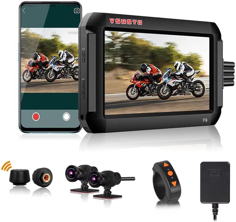 Vsysto Dash Cam Action Camera DVR Recorder System dual 1080P Sony-IMX323 Lens for Sports Bike/Motorcycle with Full HD 2CH Front and Rear View Wide Angle 3.0'' LCD