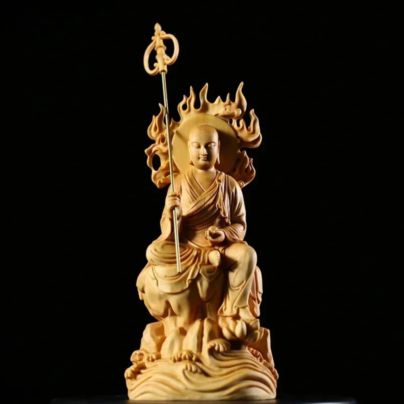 Statue de Bouddha Ksitigarbha en bois massif sculpté main pour salon élégant