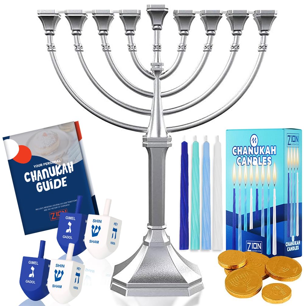 Zion Judaica Complete Hanukkah Menorah Kit - Traditional Grace Menorah, Satin Silver, 44 Hanukkah Candles, 4 Dreidels, Chanukah Guide, Sack of Chocolate Gelt