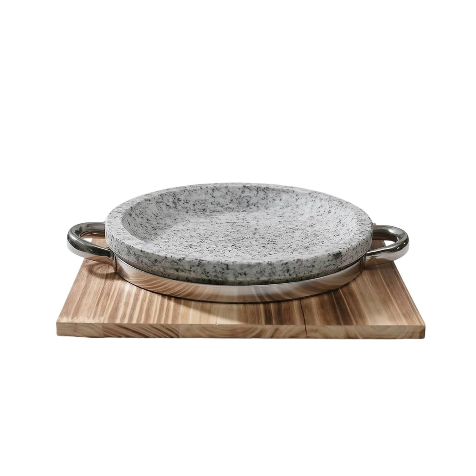 Gralara Naturstein-Backform hitzebeständig Servierplatte flach Geschirr für Esstisch, 20 Cm Durchmesser, 4 Cm Höhe, Flache Bratpfanne Mit Holzunterlage