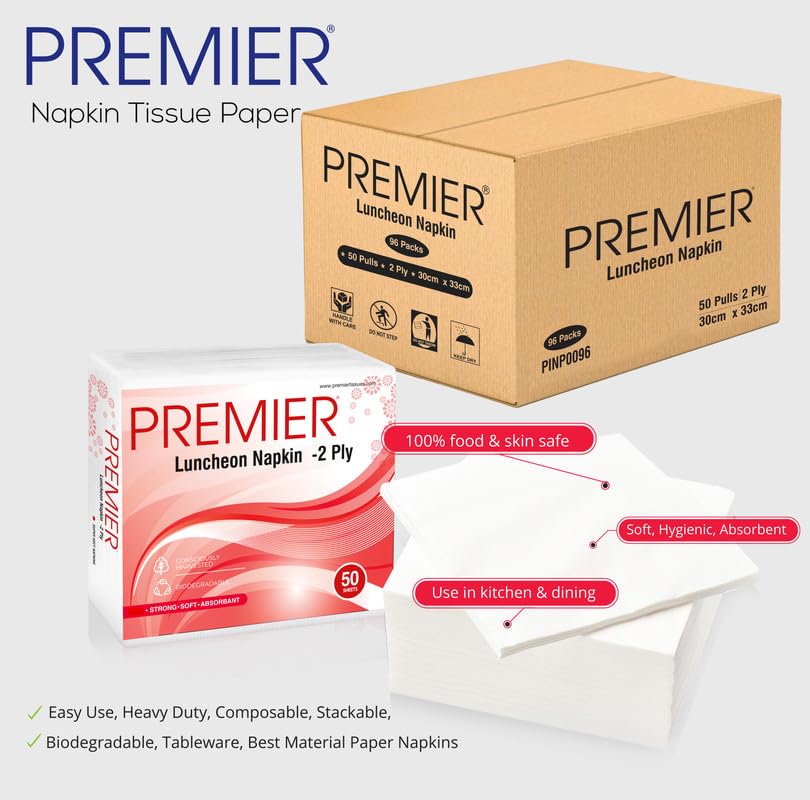 Image of Premier Luncheon Wholesale Tissue Paper Napkins (4800 Pulls) | 50 Pulls x 96 Pack (Bulk Carton) | 2-ply Disposable Table Napkins For Home, Office, Resturants | Ideal for Dining, Parties & Everyday Use