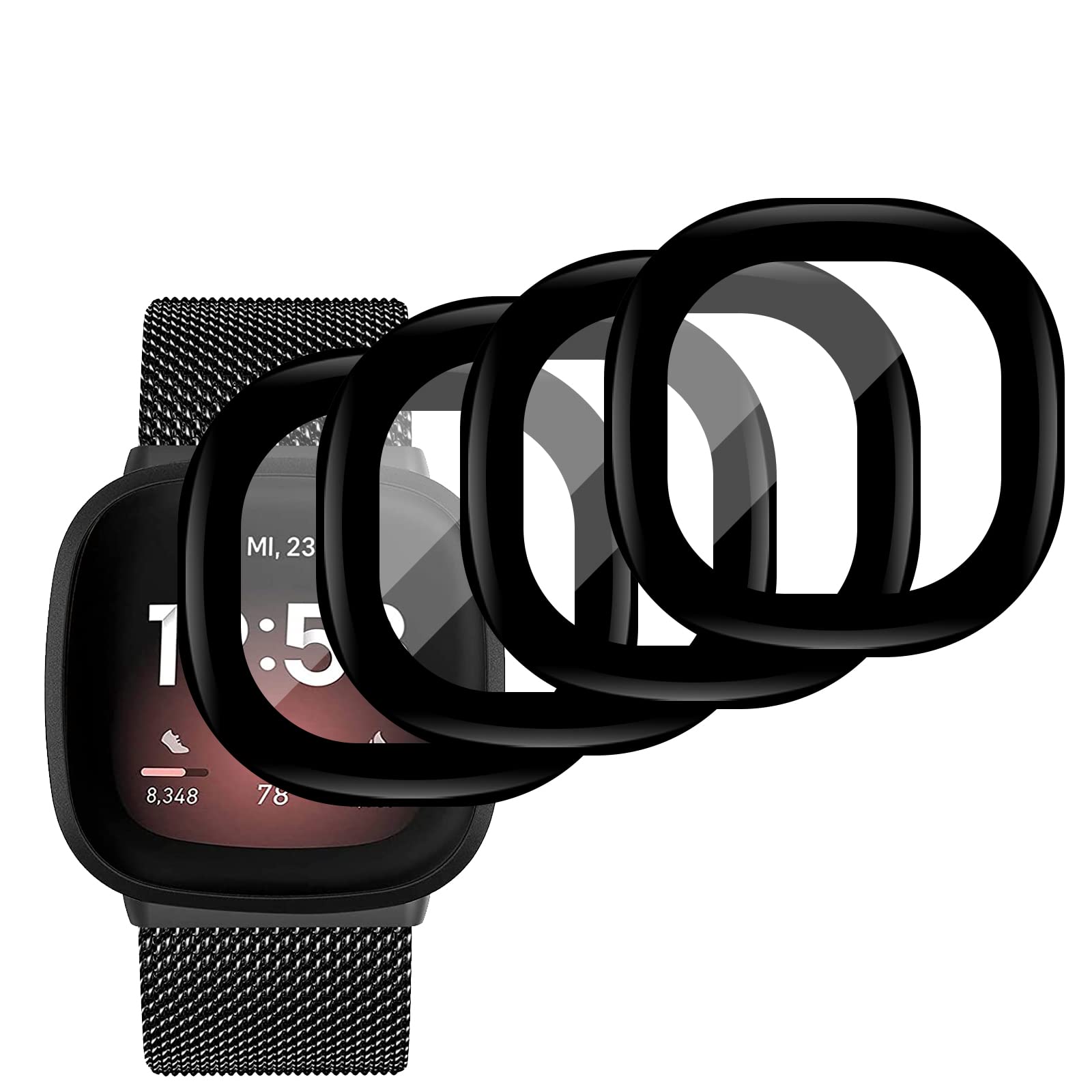 Kziwii 4 Pieces Screen Protector Compatible with Fitbit Versa 3 Screen Protector, 3D Full Coverage, High Definition, Anti-Scratch, Bubble-Free, Flexible Film – Black