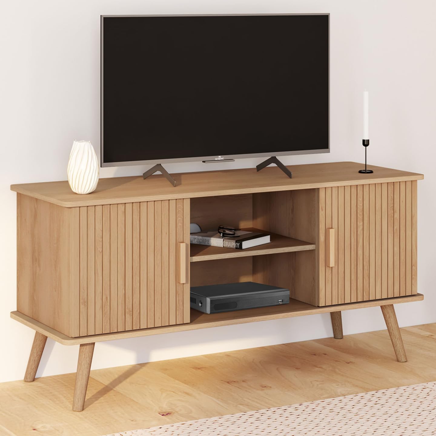 IDMarket - Meuble TV 110 cm Juliette 2 Portes Lattes tasseau Bois Coloris chêne
