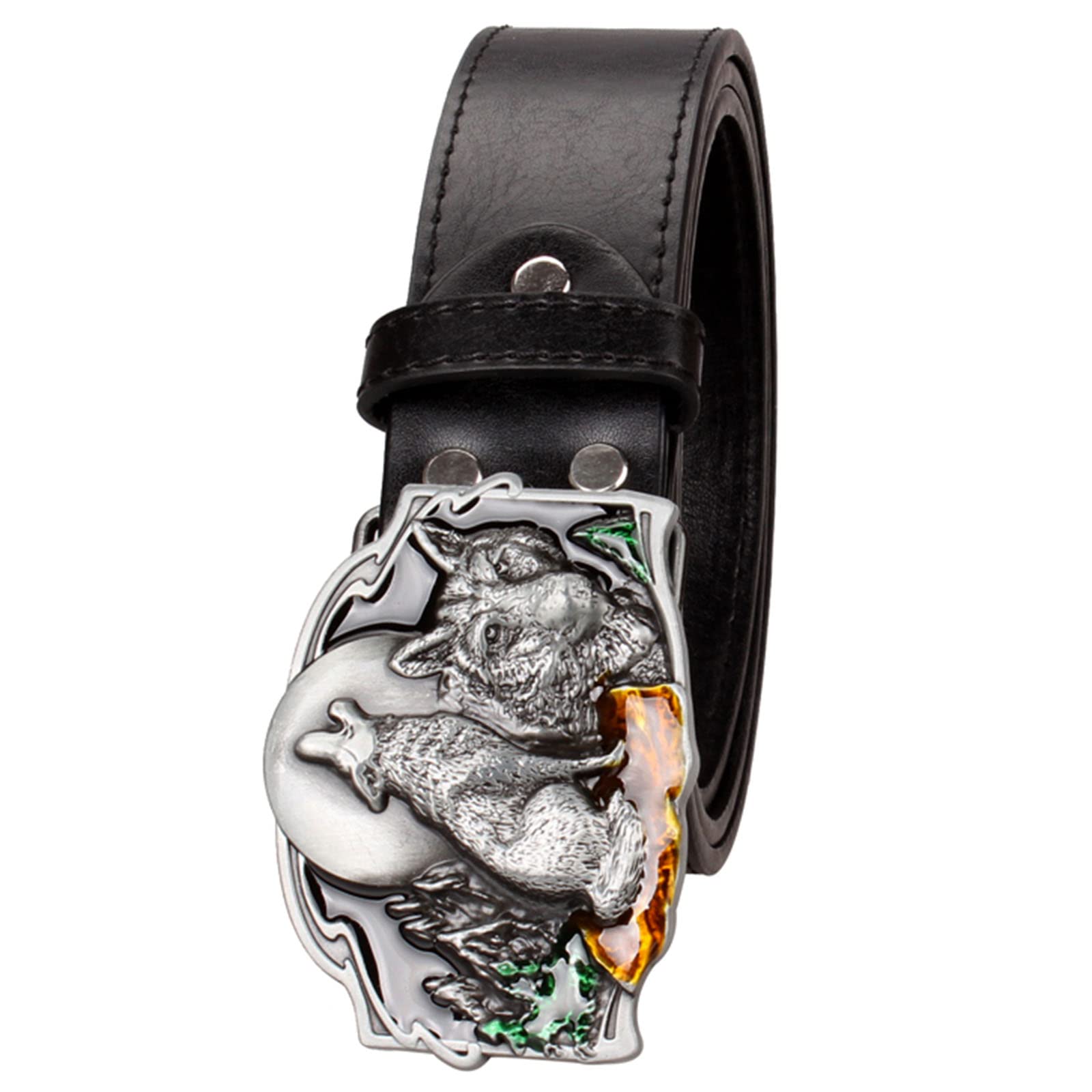 RGWYGCG Belt Men,Leather Cowboy Western Casual Belt Wolf Pattern Alloy Buckle European American Hip-Hop,Black c,115CM/45.3''