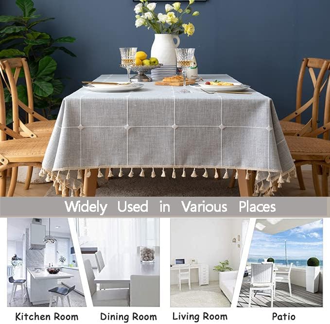 Miniatura 8 de Mantel de Mesa de Lino Tela Impermeable Estilo Granja Rústico Boho Gris a Cuadros con Borlas Oblongo para Fiestas, Vacaciones, Campamento, Picnic,