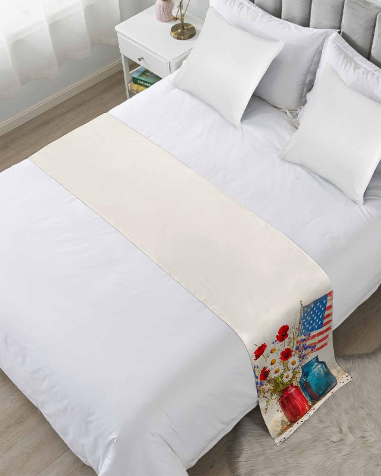 DecorLovee Independence Day Bed Runners for Twin Size Bed, Decorative Bed Throws for Foot of Bed, Red Blue American Flag Poppy Flower Bed Runner Sofa Throw Bedding Scarf Protector for Bedroom