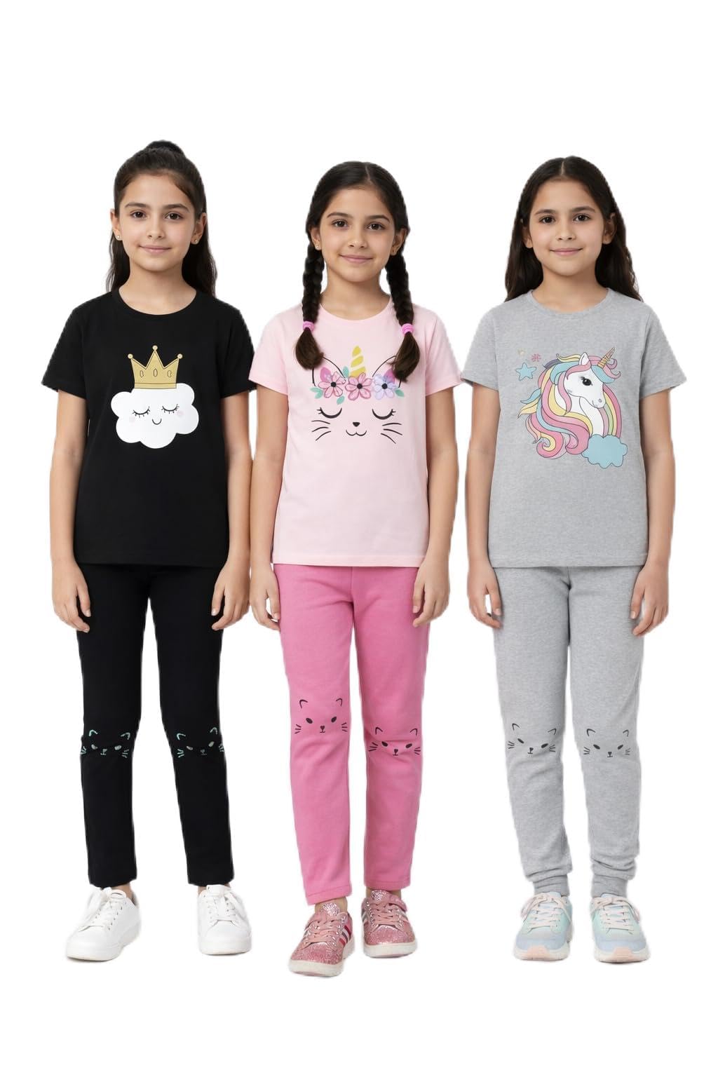 Girls Unicorn Half Sleeve Pant Set, Pack of 3, Multicolor Graphic Print Pajama Sets