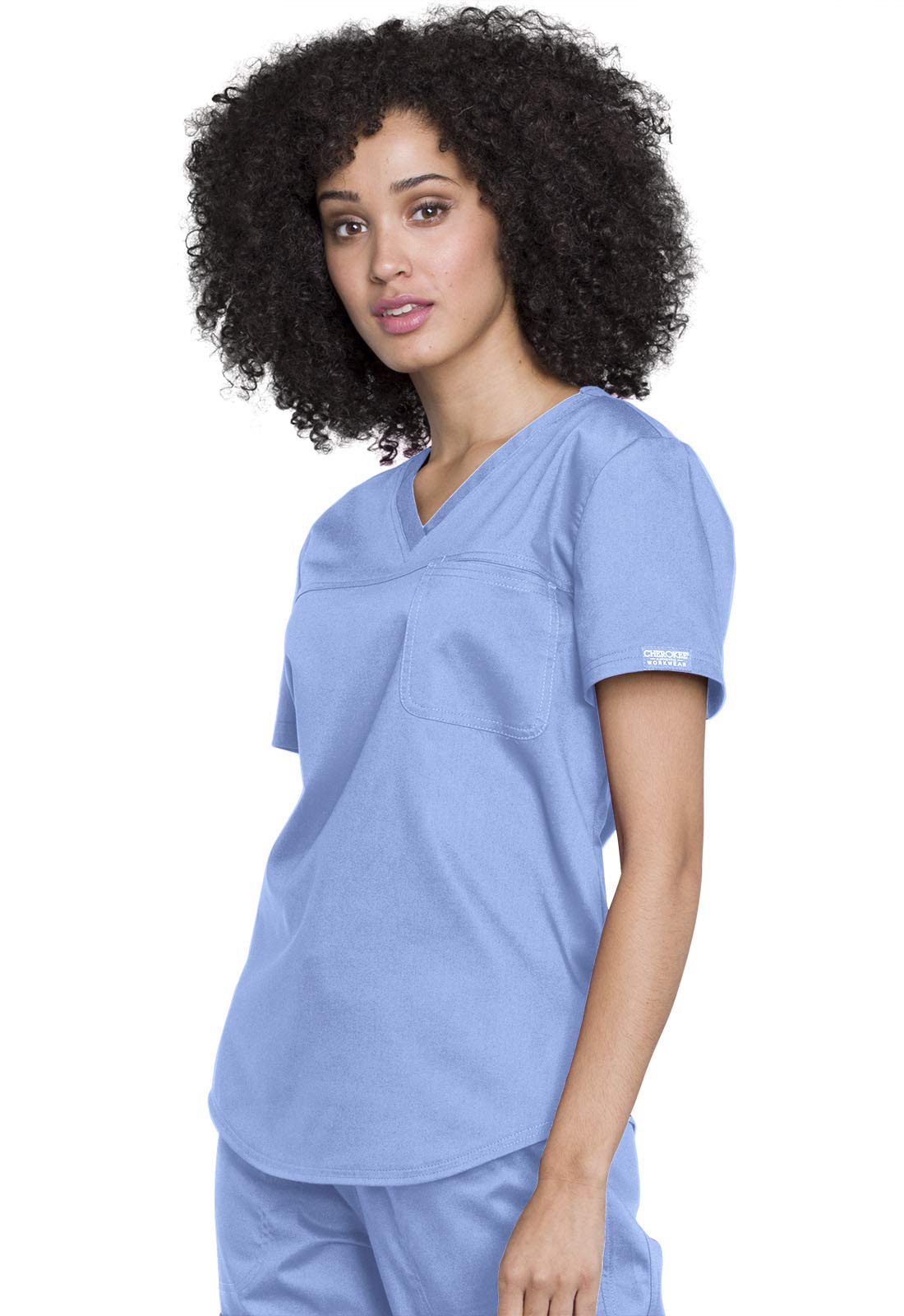 Cherokee Conjunto de ropa quirúrgica para mujer con cuello en V, WW657 con pantalón médico de tiro medio y pierna cónica con cordón, WW105, Ciel- XL Top/pantalón XL