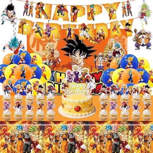 43PCS Dragon Ball Birthday Party Supplies: Banner Cake Topper Tablecloth Backdrop Cupcake Toppers Balloons Aluminum Balloons