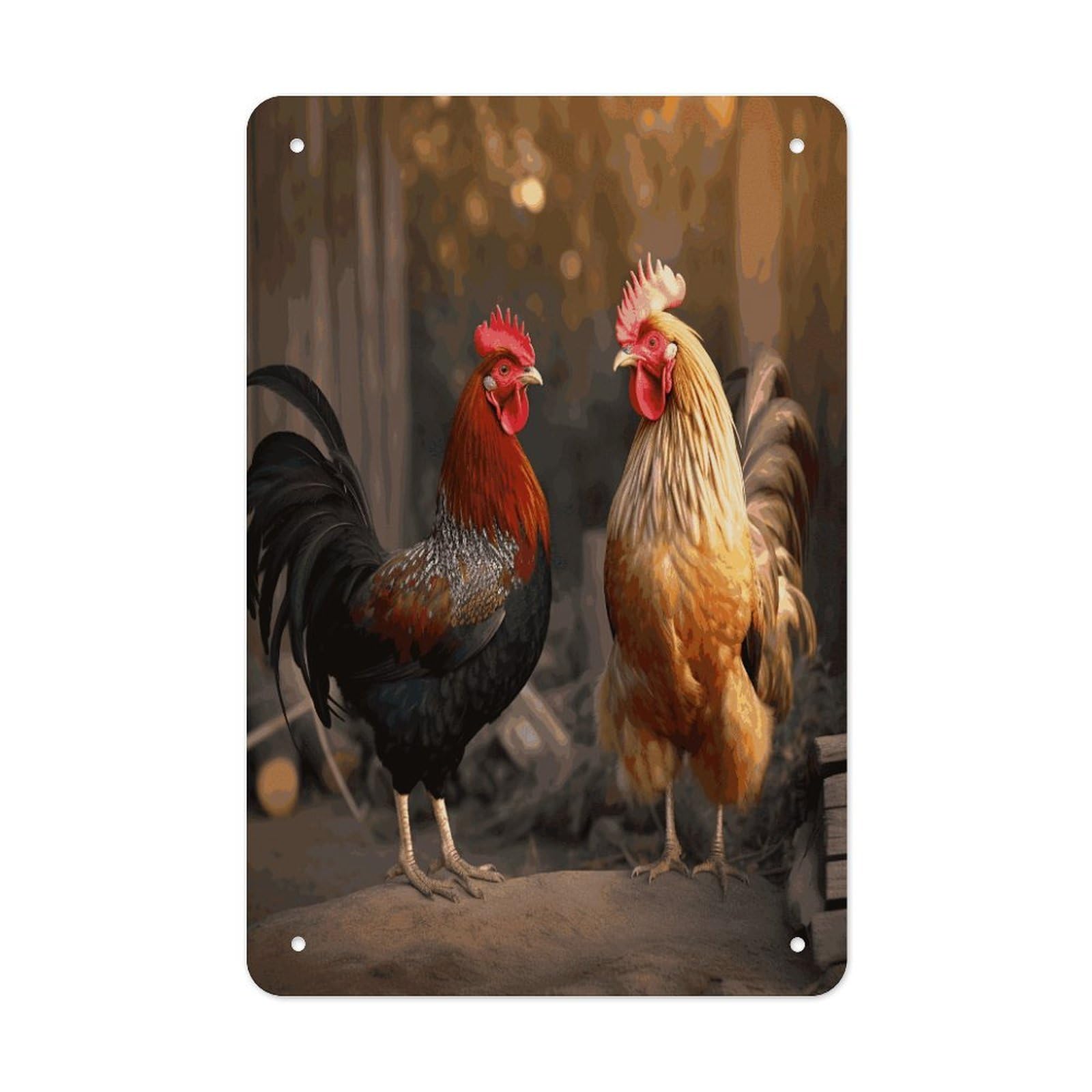 LDGSUPH Rooster And Chicken Wall Art Prints Folded Edge Iron Sheet Painting with Holes for Wall Prints Decorative Picture Metal Signboard Decor Painting for Outdoor Indoor Wall Decor