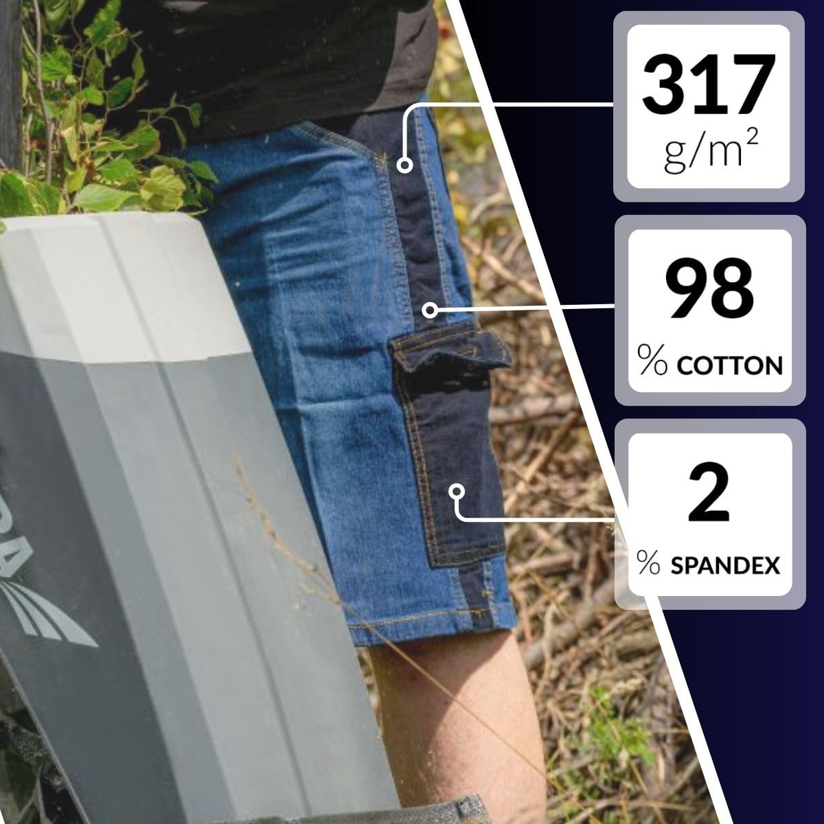 Dedra Jeans-Shorts, Kurze Arbeitsjeans, Denim-Shorts, Gewebegewicht 280 g/m², Slim-Fit-Design, Funktionale Schwarze Taschen - Zwei mit Klettverschluss, Einsätze aus elastischem Material, Metallknopf