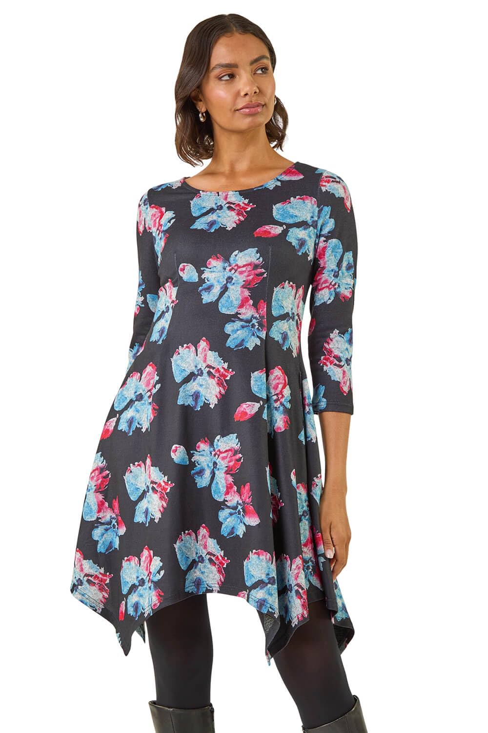 Roman Women's Black Floral Print Hanky Hem Dress Size 18