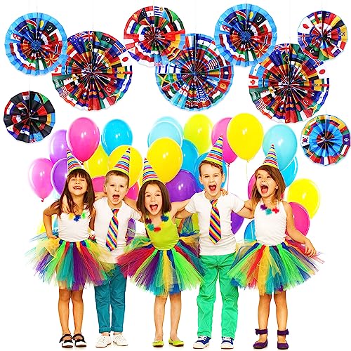 Image of Outus 27 Pcs International World Flags Classroom Decorations Around the World Hanging Paper Fans Country Flags International Decor Party Banner Garland for Office Classroom Decor