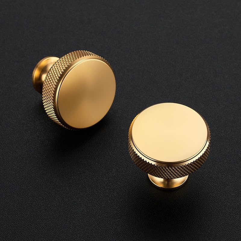 Image of Ravinte 30 Pack Round Gold Knobs Knurled Single Hole Pulls Solid Brushed Brass Kitchen Cabinet Hardware Handles for Drawers