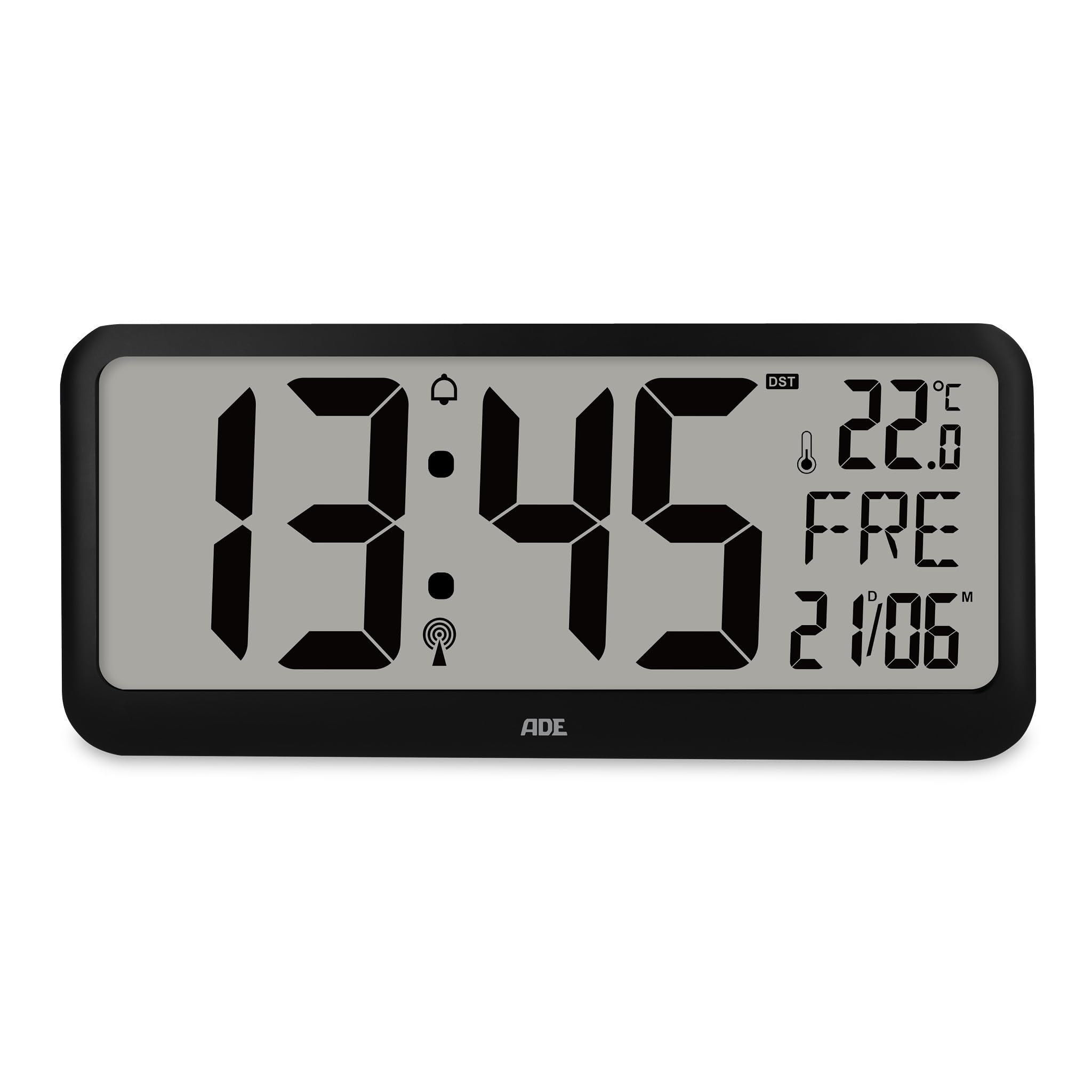 ADE Reloj Digital de Pared Grande radiocontrolado con dígitos XXL | Enorme Reloj de sobremesa con Calendario | con termómetro y Alarma Personas Mayores, usuarios de Gafas