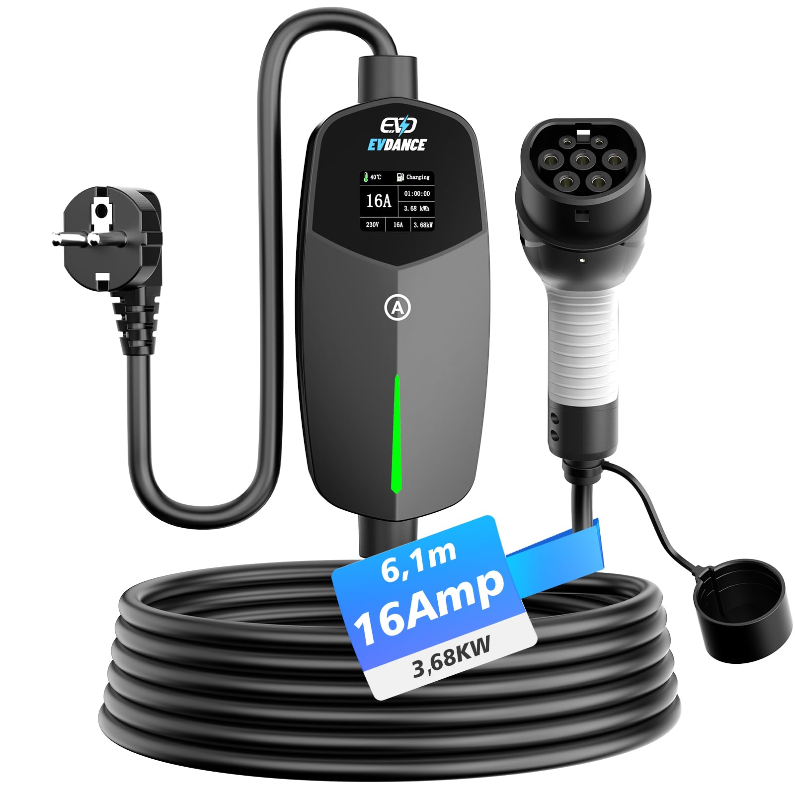 EVDANCE Chargeur Voiture Electrique (3,68 KW, 6-16A, 6,1m, 1-Phase), Noir | 6-16A Intensité Réglable, Câble Recharge Voiture Électrique Type 2, Étanche IP66, Sac Portable Offert, pour EV IEC 62196-2