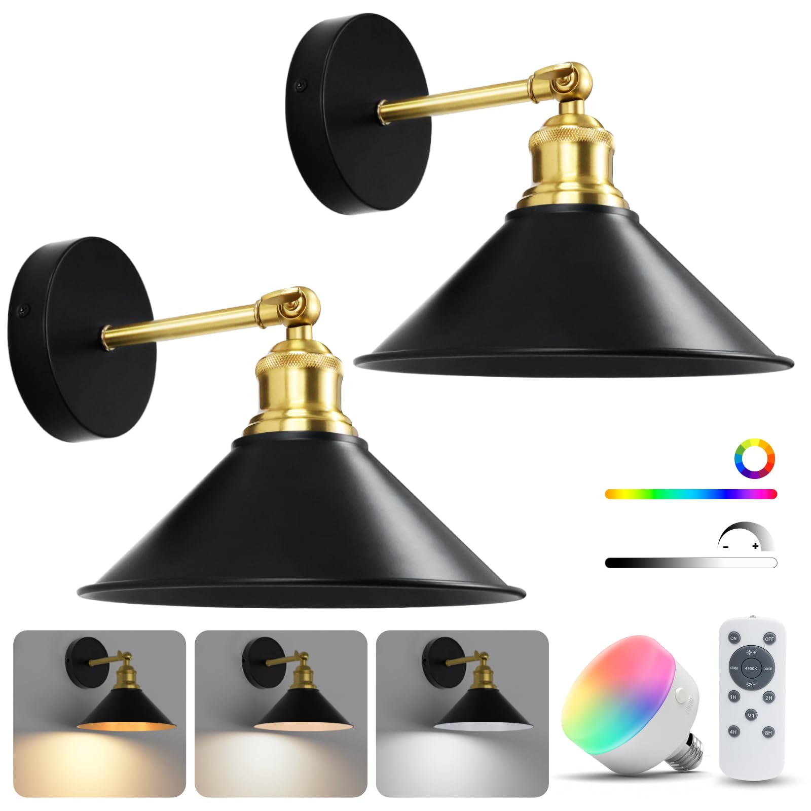 NIORSUN Vintage Battery Operated Wall Sconce Set of 2, Wireless Rechargeable Wall Lights with 5200mAh Dimmable Detachable ...